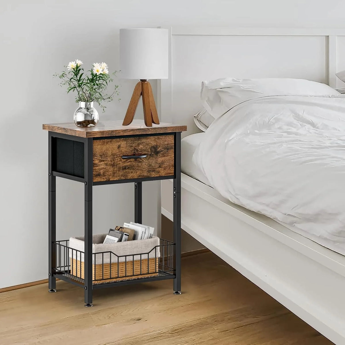 Nightstand End Table with Open Shelf, Side Table with Fabric Drawer and Storage Shelf, Bedside Table for Bedroom, Hallway