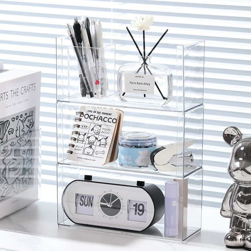 Mirror Cabinet Cosmetic Storage Box Transparent Dormitory Hand-held Display Shelf Stackable Office Desktop Document Fit Rack