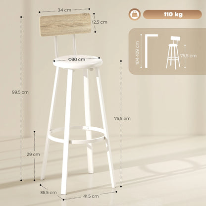 Homcom Set of 2 High Kitchen Stools with Backrest and Pu Upholstered Footrests 75.5 cm Seat