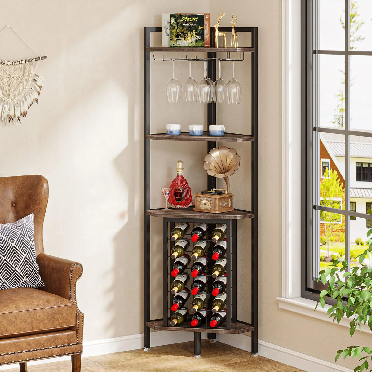 Tribesigns Wine Rack Bar Cabinet 4 Tier Corner Shelf with Glass Holder