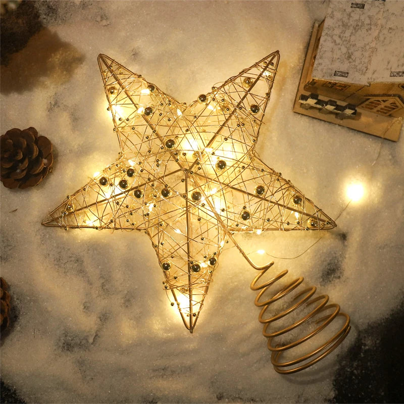Christmas Tree Star Top with Pearl Wire LED Lights Gold and Silver Christmas Tree Decoration New Year Home Decor Natal Noel 2026