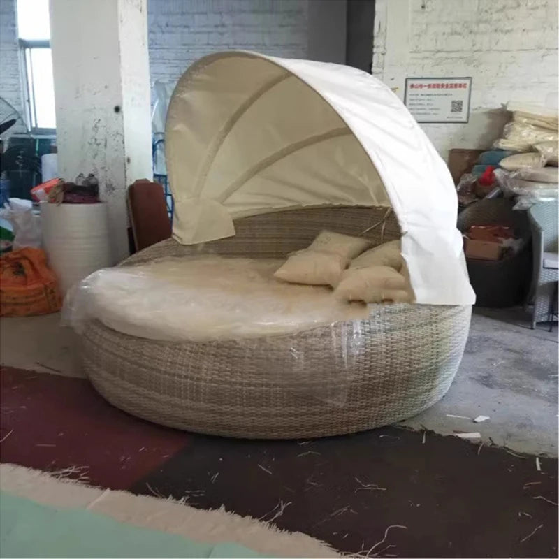 Modern Outdoor Furniture Large Size Curtain Chaise Lounger Antique Canopy Beach Sun Rattan Garden Bed Sun Bed Lounger Round Bed