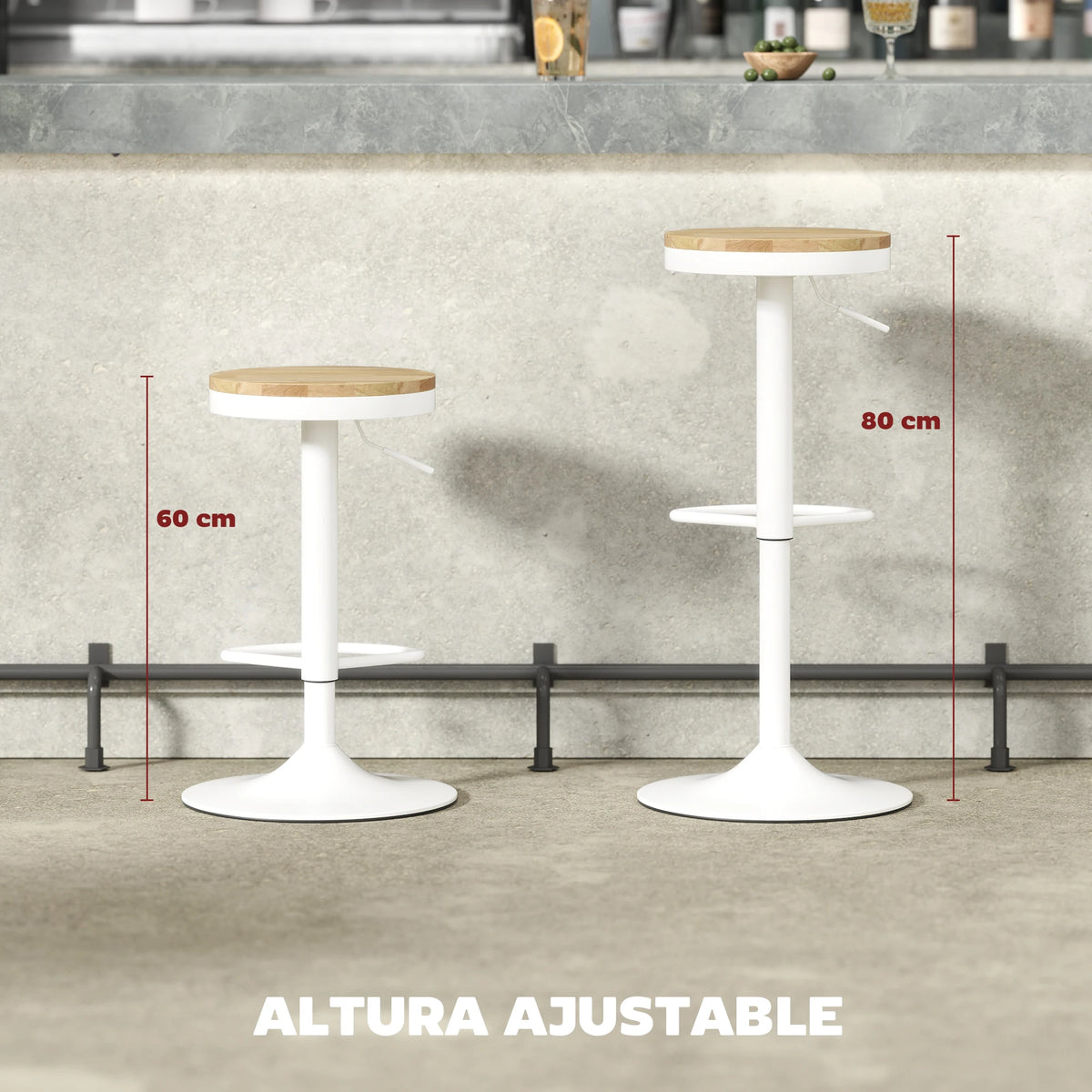 Homcom Set of 2 High Kitchen Stools with Adjustable Height Wooden Seat Steel Frame and Footrest Natural and White