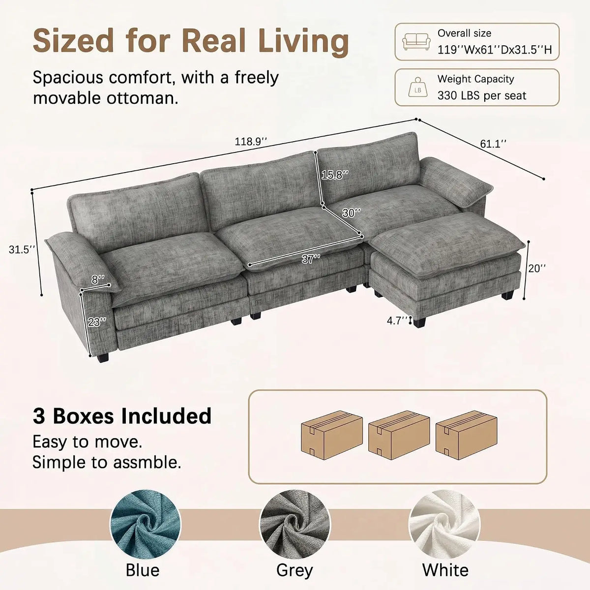 Comfy Chenille, Movable Ottoman, 30" Deep Seat, Washable Cover, Sturdy Frame, High-Density Foam, Easy Assembly, Customized