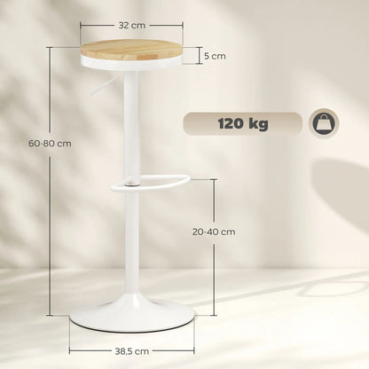 Homcom Set of 2 High Kitchen Stools with Adjustable Height Wooden Seat Steel Frame and Footrest Natural and White