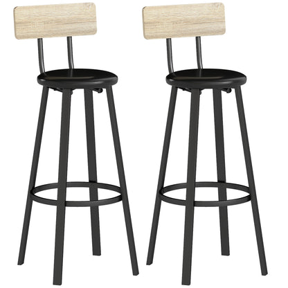 Homcom Set of 2 High Kitchen Stools with Backrest and Pu Upholstered Footrests 75.5 cm Seat