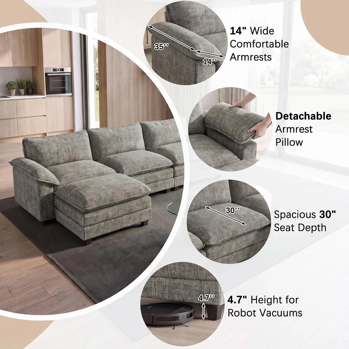 Comfy Chenille, Movable Ottoman, 30" Deep Seat, Washable Cover, Sturdy Frame, High-Density Foam, Easy Assembly, Customized