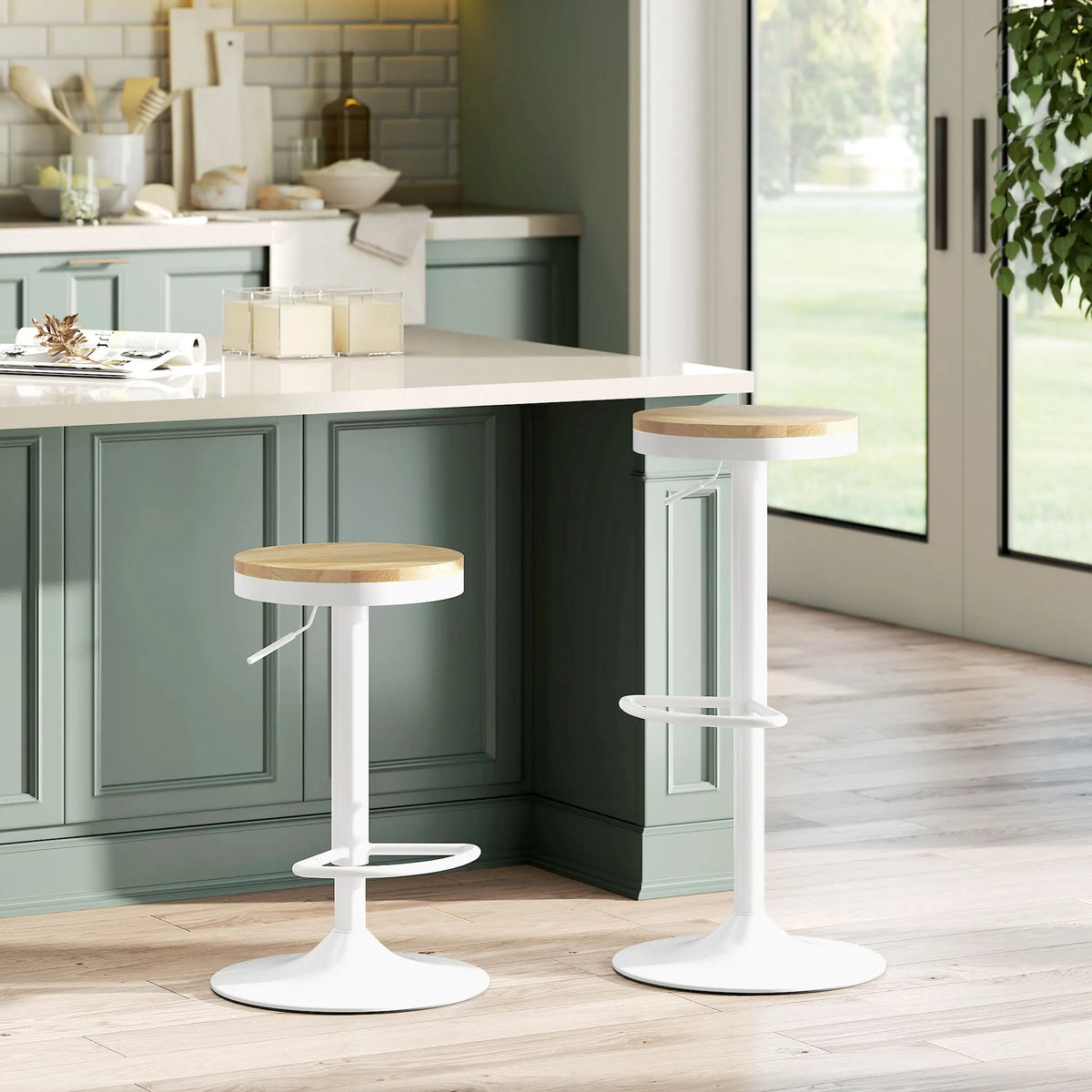 Homcom Set of 2 High Kitchen Stools with Adjustable Height Wooden Seat Steel Frame and Footrest Natural and White