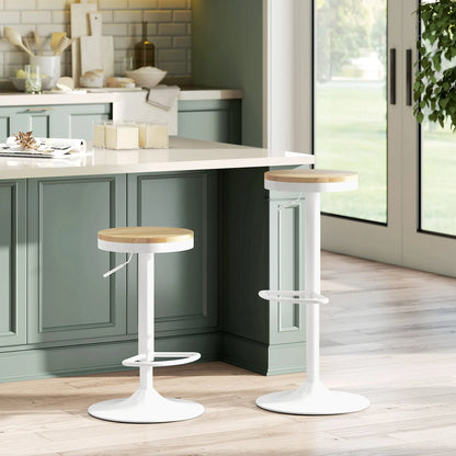 Homcom Set of 2 High Kitchen Stools with Adjustable Height Wooden Seat Steel Frame and Footrest Natural and White