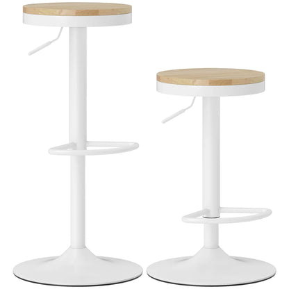 Homcom Set of 2 High Kitchen Stools with Adjustable Height Wooden Seat Steel Frame and Footrest Natural and White