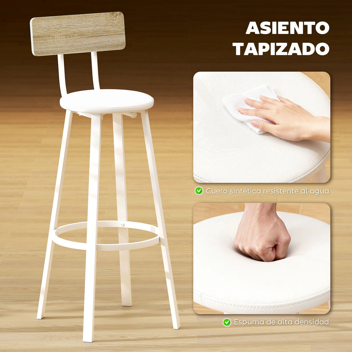 Homcom Set of 2 High Kitchen Stools with Backrest and Pu Upholstered Footrests 75.5 cm Seat