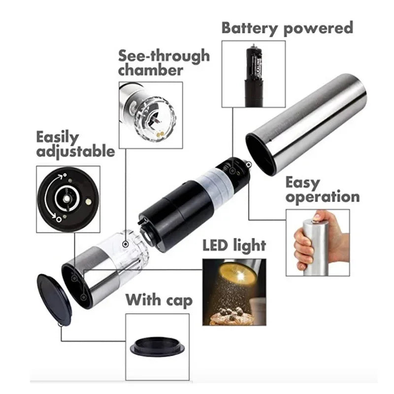 Electric Salt Pepper Grinder Set One Handed Operation Stainless Steel