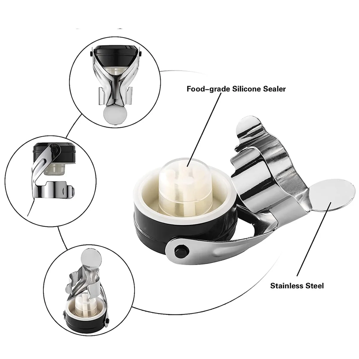 Champagne&Wine Bottle Stoppers Stainless Steel , Leak Proof Keep Reusable Saver, Cork Suitable 4 Pack Silver