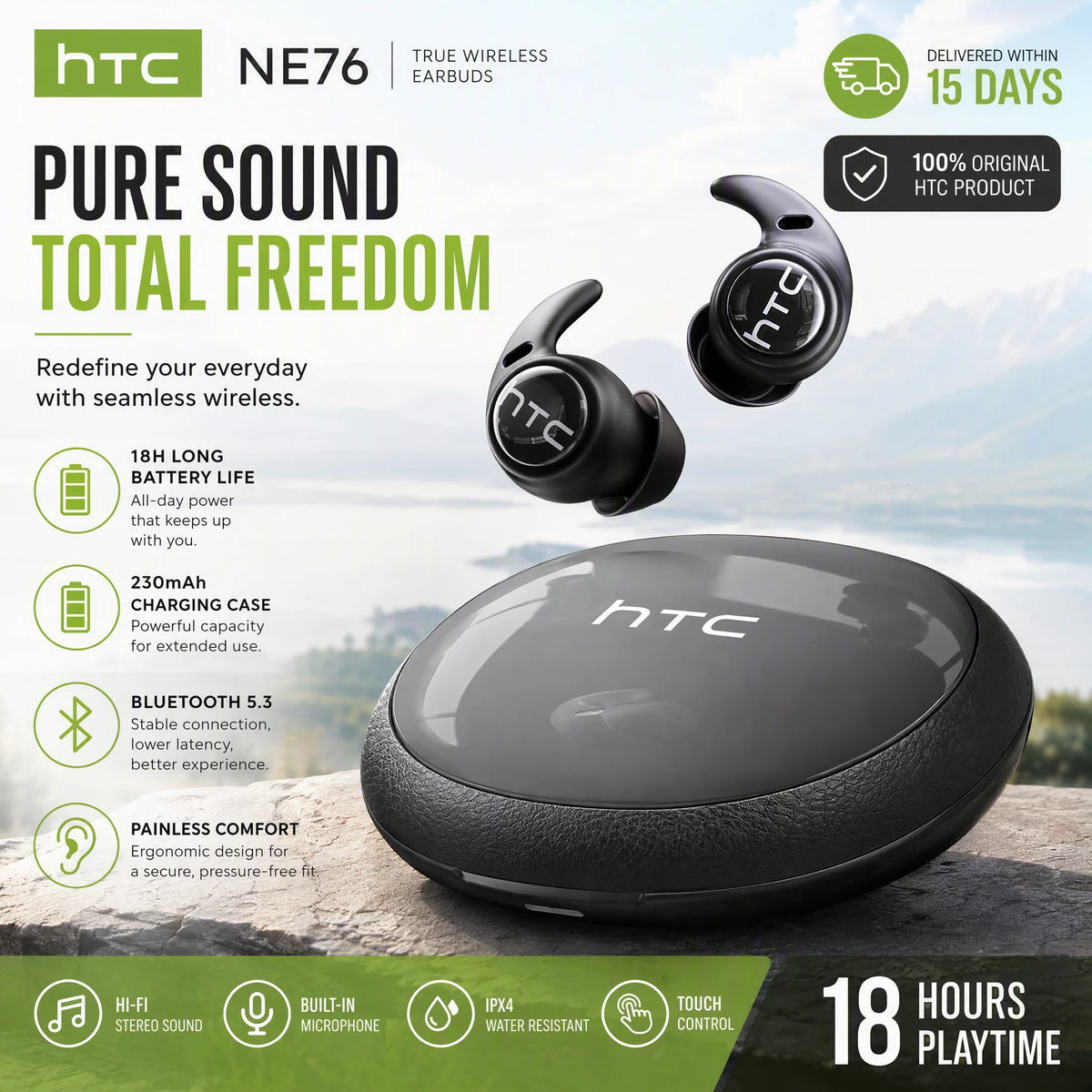 HTC NE76 TWS Wireless Earbuds AI Translator Sleep Mini Invisible ENC Noise Cancelling Bluetooth 5.3 Low Latency Headphones