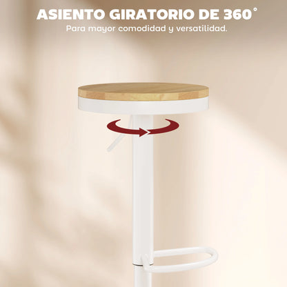 Homcom Set of 2 High Kitchen Stools with Adjustable Height Wooden Seat Steel Frame and Footrest Natural and White